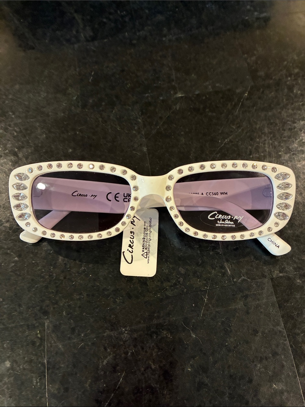 Circus by Sam Edelman White Frame Sunglasses with Purple Lenses and Rhinestones